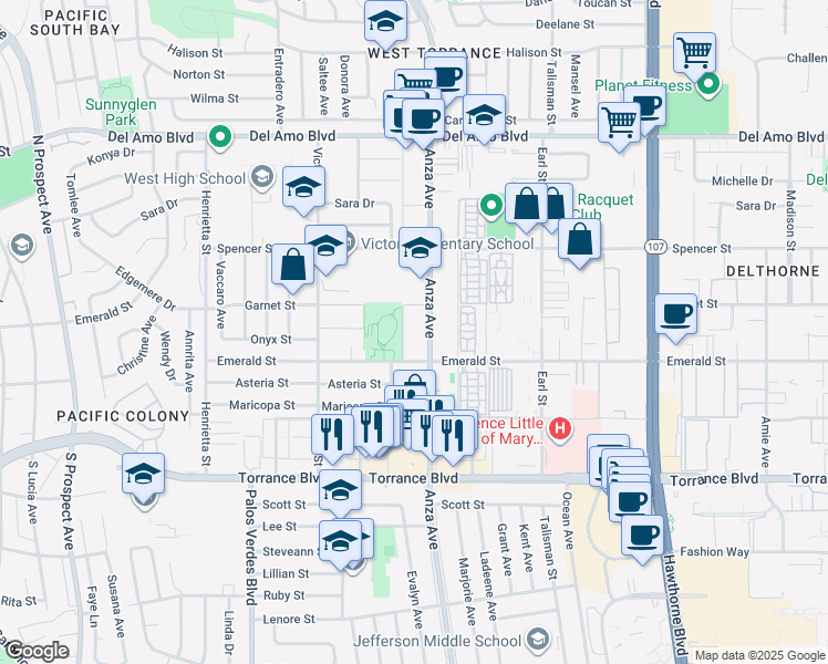 map of restaurants, bars, coffee shops, grocery stores, and more near 4683 Garnet Street in Torrance