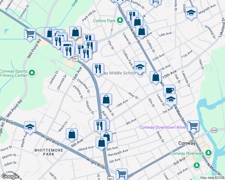 map of restaurants, bars, coffee shops, grocery stores, and more near 1304 Forest View Road in Conway
