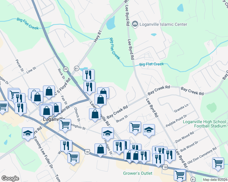 map of restaurants, bars, coffee shops, grocery stores, and more near 744 Jacoby Drive in Loganville