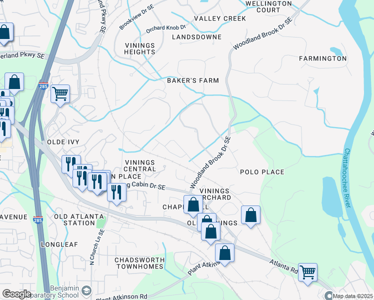 map of restaurants, bars, coffee shops, grocery stores, and more near 4535 Atley Woods Drive Southeast in Atlanta