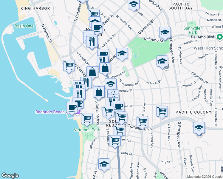 map of restaurants, bars, coffee shops, grocery stores, and more near 122 California 1 in Redondo Beach
