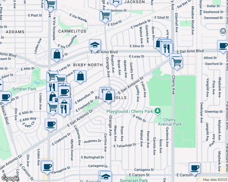 map of restaurants, bars, coffee shops, grocery stores, and more near 1215 East San Antonio Drive in Long Beach