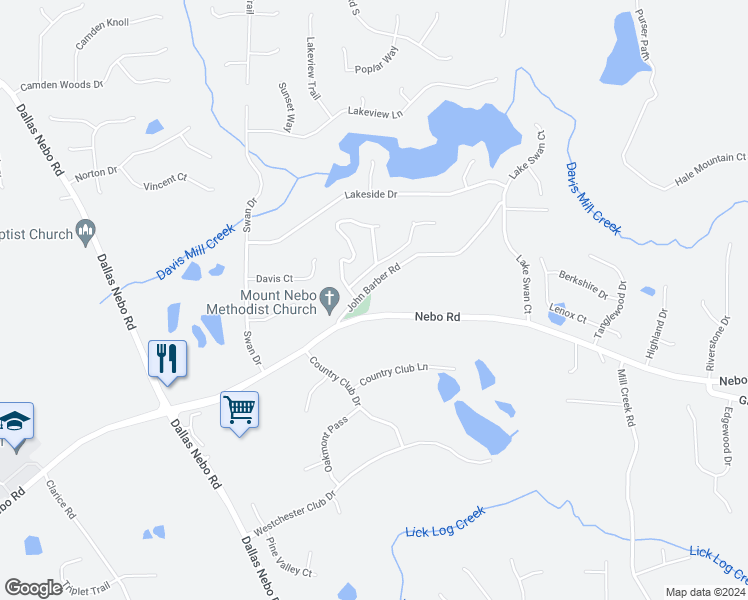 map of restaurants, bars, coffee shops, grocery stores, and more near 3805 Nebo Road in Hiram