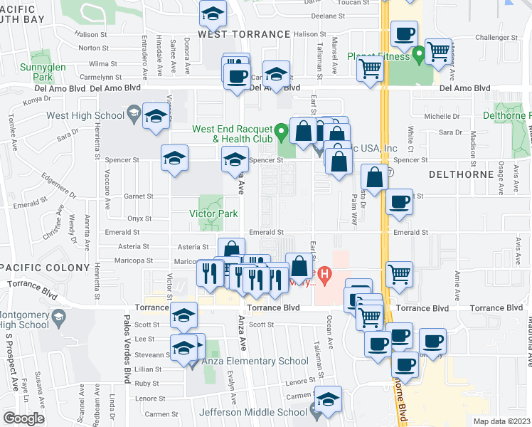 map of restaurants, bars, coffee shops, grocery stores, and more near 20605 Ladeene Avenue in Torrance