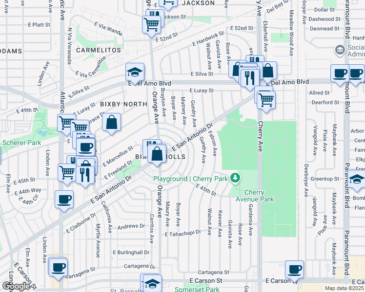 map of restaurants, bars, coffee shops, grocery stores, and more near 4596 North Banner Drive in Long Beach