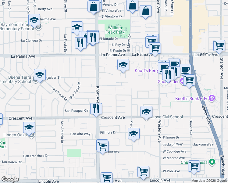 map of restaurants, bars, coffee shops, grocery stores, and more near 8287 Santa Fe Drive in Buena Park