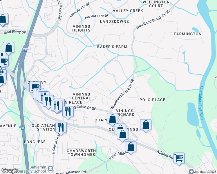 map of restaurants, bars, coffee shops, grocery stores, and more near 4535 Atley Woods Drive Southeast in Atlanta