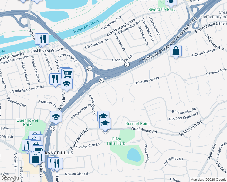 map of restaurants, bars, coffee shops, grocery stores, and more near 141 South Peralta Hills Drive in Anaheim