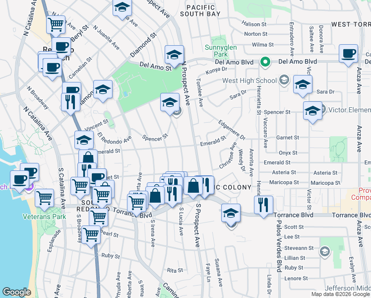 map of restaurants, bars, coffee shops, grocery stores, and more near 117 North Prospect Avenue in Redondo Beach