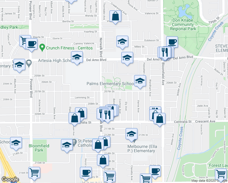 map of restaurants, bars, coffee shops, grocery stores, and more near 20700 Belshire Avenue in Lakewood