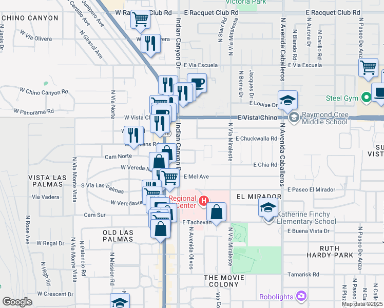 map of restaurants, bars, coffee shops, grocery stores, and more near 354 East Stevens Road in Palm Springs
