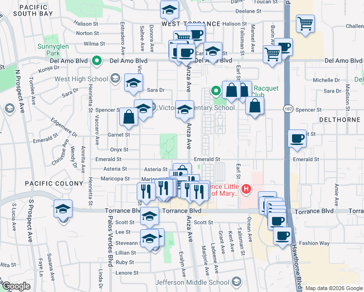 map of restaurants, bars, coffee shops, grocery stores, and more near 4683 Garnet Street in Torrance