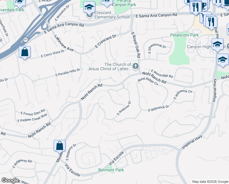 map of restaurants, bars, coffee shops, grocery stores, and more near 5171 East Cavendish Lane in Anaheim