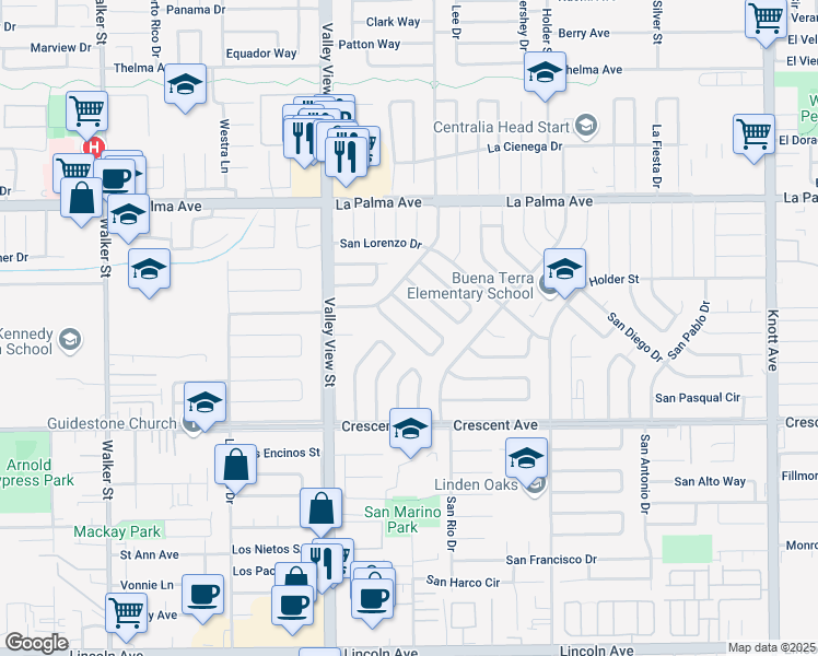 map of restaurants, bars, coffee shops, grocery stores, and more near 6176 San Ricardo Way in Buena Park