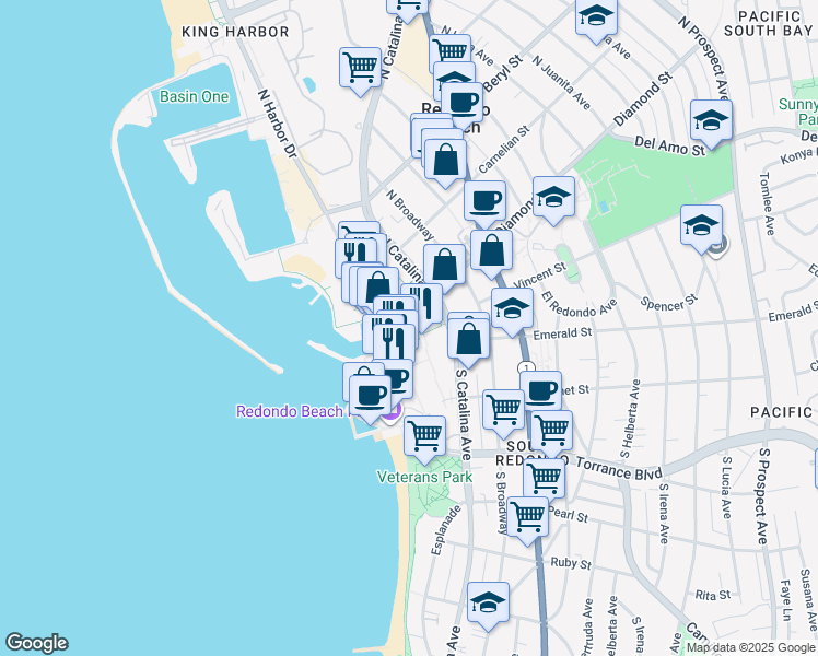 map of restaurants, bars, coffee shops, grocery stores, and more near 250 The Village in Redondo Beach