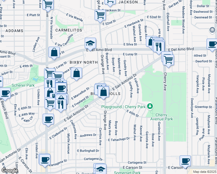 map of restaurants, bars, coffee shops, grocery stores, and more near 1215 East San Antonio Drive in Long Beach
