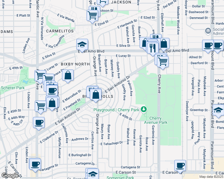 map of restaurants, bars, coffee shops, grocery stores, and more near 4596 North Banner Drive in Long Beach