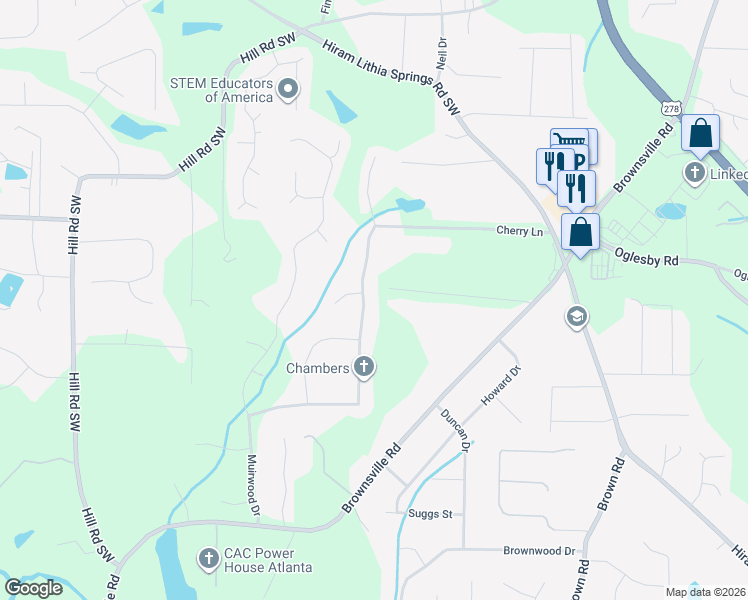 map of restaurants, bars, coffee shops, grocery stores, and more near 5346 Muirwood Place in Powder Springs
