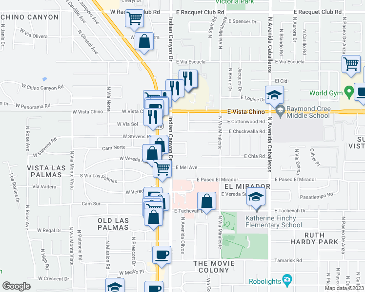 map of restaurants, bars, coffee shops, grocery stores, and more near 315 East Stevens Road in Palm Springs