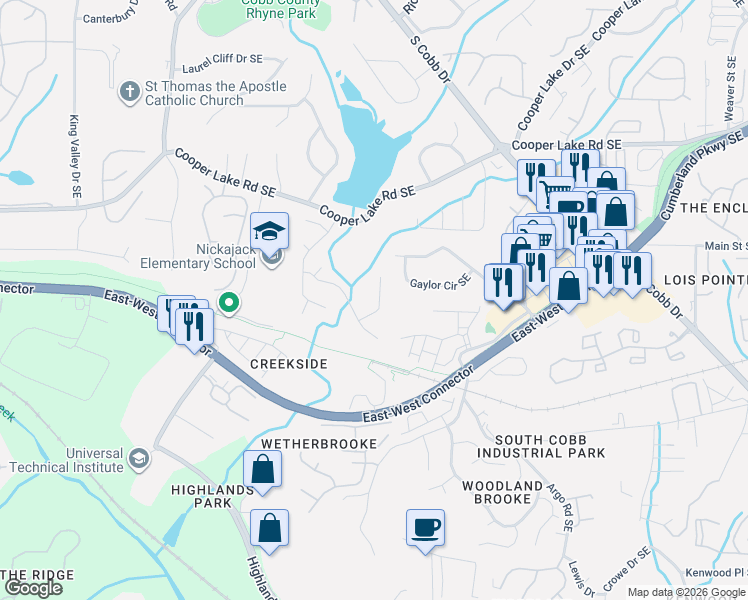 map of restaurants, bars, coffee shops, grocery stores, and more near 5172 Laurel Bridge Court Southeast in Smyrna