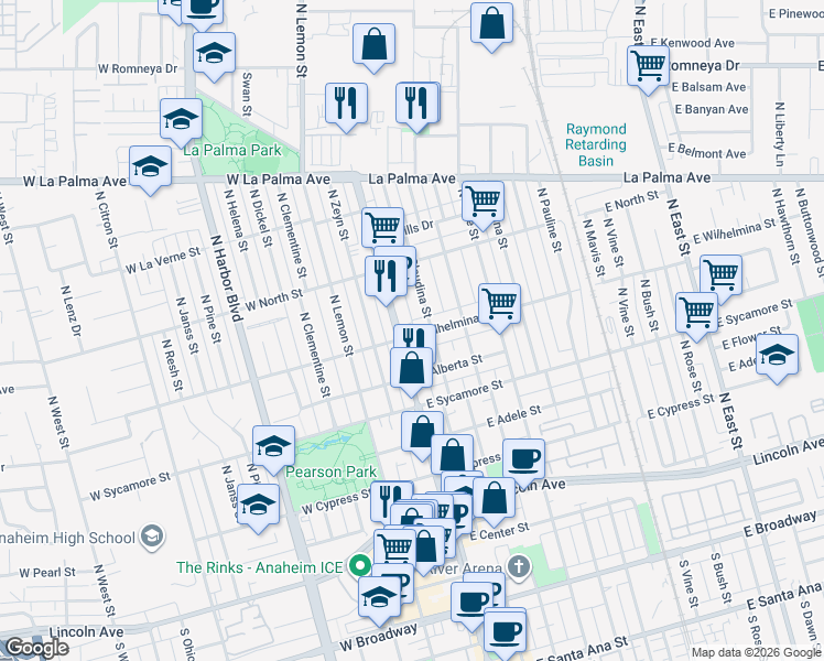 map of restaurants, bars, coffee shops, grocery stores, and more near 723 North Claudina Street in Anaheim