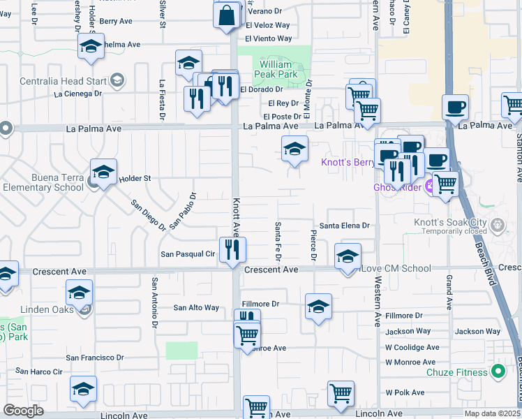 map of restaurants, bars, coffee shops, grocery stores, and more near 7096 Santa Rita Circle in Buena Park