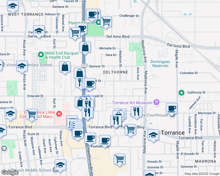map of restaurants, bars, coffee shops, grocery stores, and more near 3618 Garnet Street in Torrance