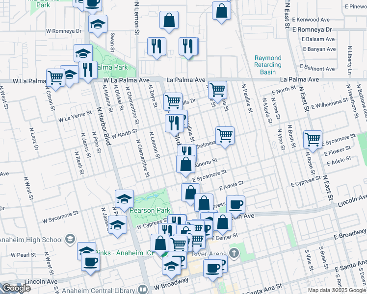 map of restaurants, bars, coffee shops, grocery stores, and more near 727 North Anaheim Boulevard in Anaheim