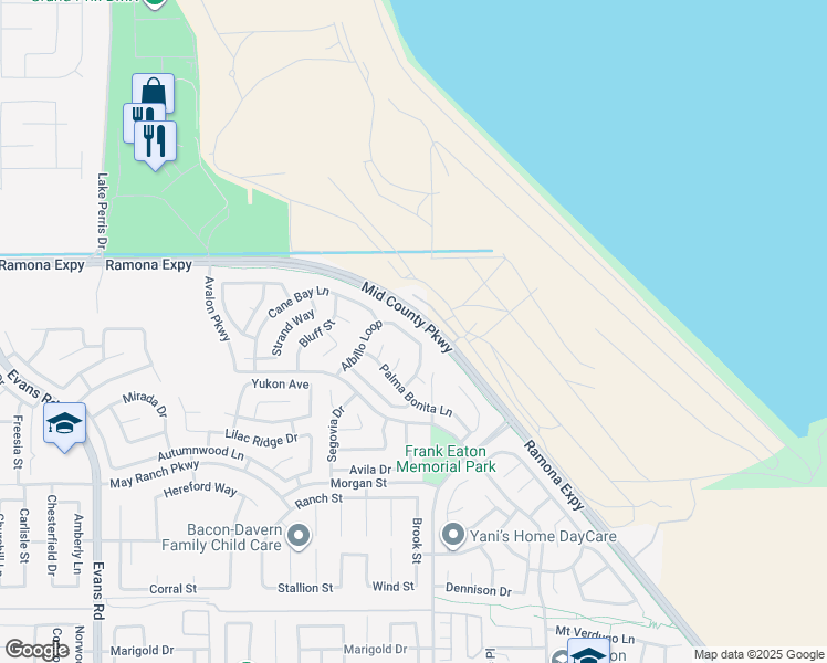 map of restaurants, bars, coffee shops, grocery stores, and more near 1474 Albillo Loop in Perris