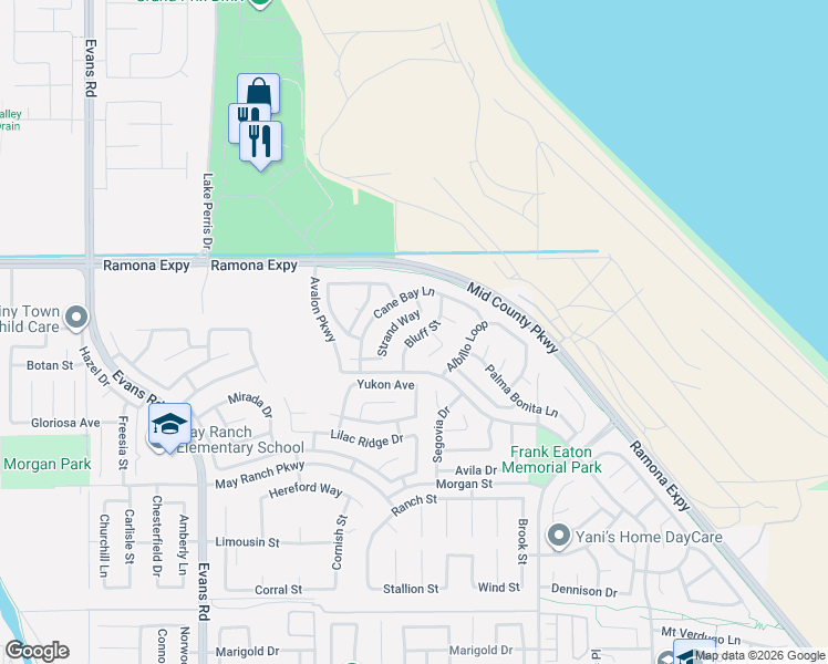 map of restaurants, bars, coffee shops, grocery stores, and more near 3902 Bluff Street in Perris