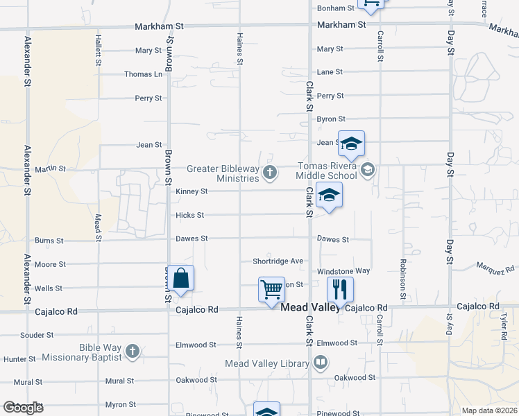 map of restaurants, bars, coffee shops, grocery stores, and more near 21301 Kinney Street in Perris