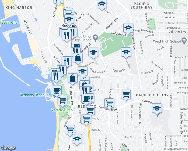 map of restaurants, bars, coffee shops, grocery stores, and more near 100 North Francisca Avenue in Redondo Beach