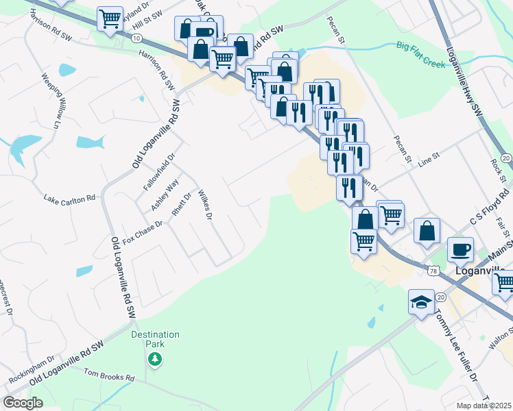 map of restaurants, bars, coffee shops, grocery stores, and more near 260 Randy Road Southwest in Loganville