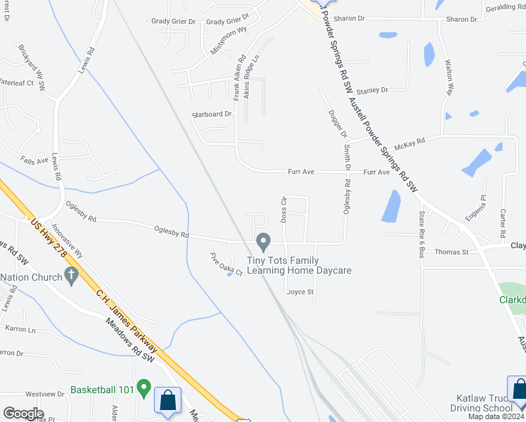 map of restaurants, bars, coffee shops, grocery stores, and more near 4134 Caldera Xing in Powder Springs