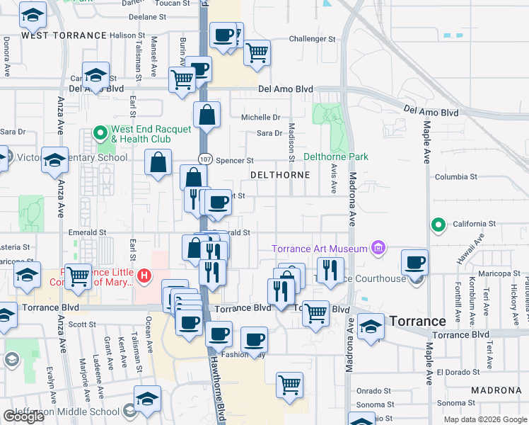 map of restaurants, bars, coffee shops, grocery stores, and more near 20627 Amie Avenue in Torrance