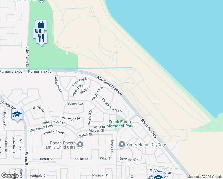 map of restaurants, bars, coffee shops, grocery stores, and more near 1474 Albillo Loop in Perris