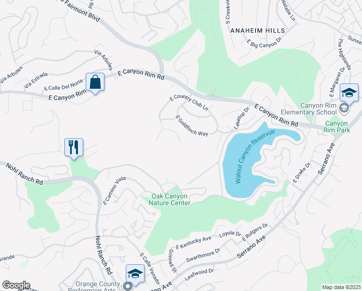 map of restaurants, bars, coffee shops, grocery stores, and more near 795 South Quail Circle in Anaheim