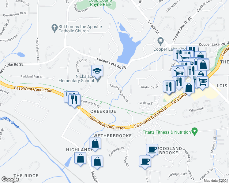 map of restaurants, bars, coffee shops, grocery stores, and more near 5049 Laurel Springs Way Southeast in Smyrna