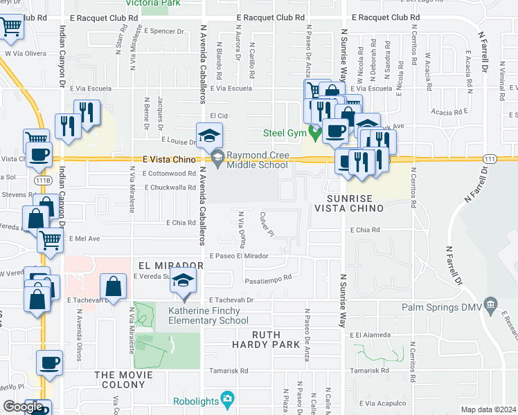 map of restaurants, bars, coffee shops, grocery stores, and more near 1172 East Deepak Road in Palm Springs
