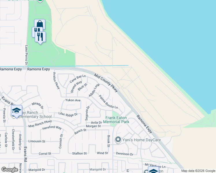 map of restaurants, bars, coffee shops, grocery stores, and more near 1456 Albillo Loop in Perris