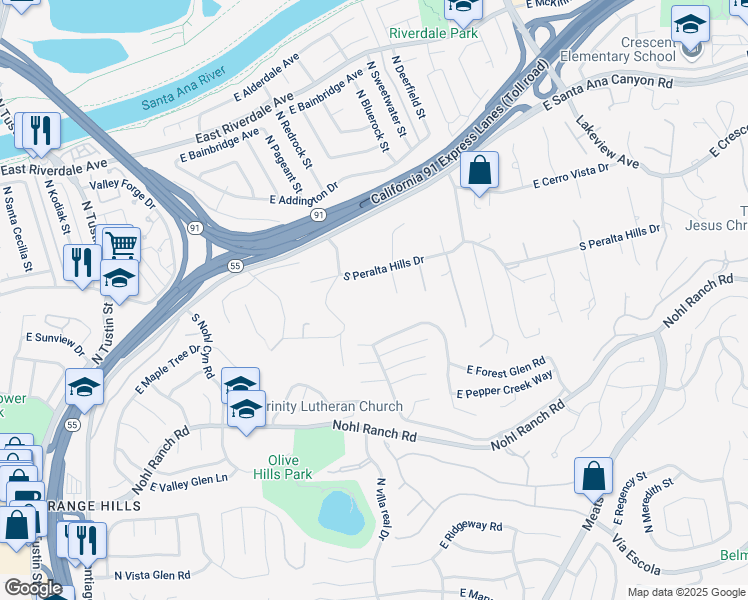 map of restaurants, bars, coffee shops, grocery stores, and more near 441 South Peralta Hills Drive in Anaheim