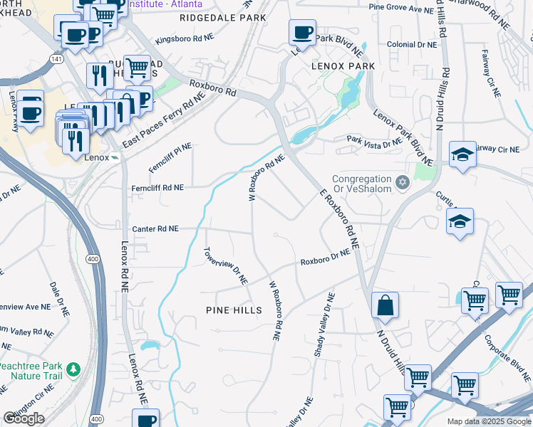 map of restaurants, bars, coffee shops, grocery stores, and more near 1183 Woods Circle Northeast in Atlanta