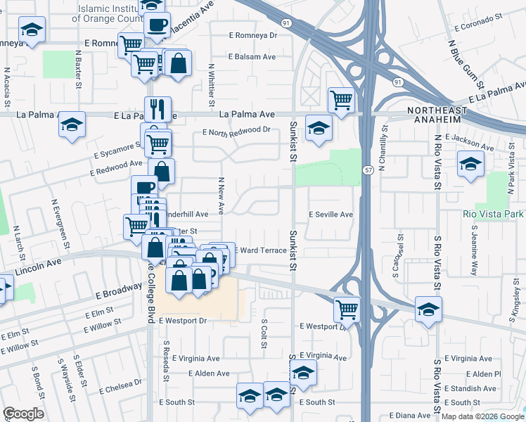 map of restaurants, bars, coffee shops, grocery stores, and more near 2415 East Seville Avenue in Anaheim
