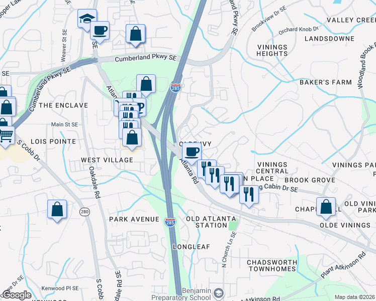 map of restaurants, bars, coffee shops, grocery stores, and more near 2325 Log Cabin Drive Southeast in Atlanta