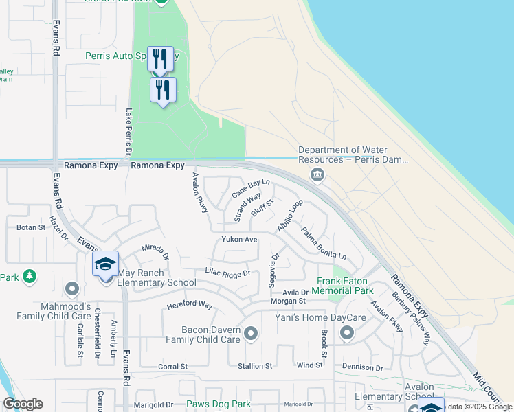 map of restaurants, bars, coffee shops, grocery stores, and more near 3902 Bluff Street in Perris