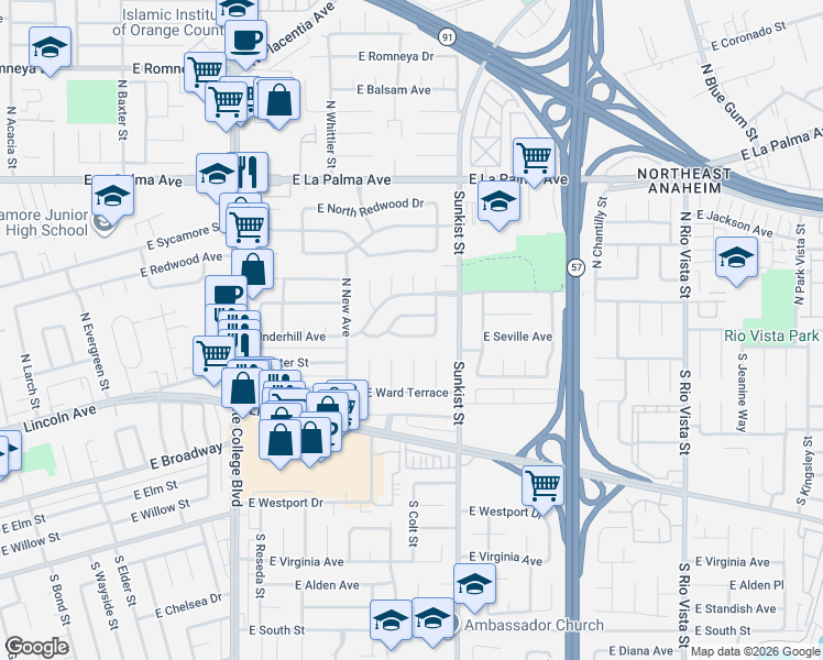 map of restaurants, bars, coffee shops, grocery stores, and more near 2421 East Normandy Drive in Anaheim