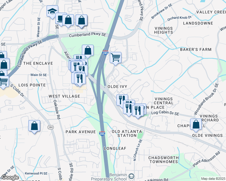 map of restaurants, bars, coffee shops, grocery stores, and more near 4762 Ivy Ridge Drive Southeast in Atlanta