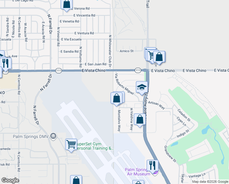 map of restaurants, bars, coffee shops, grocery stores, and more near 3370 East Avenue Fey Norte in Palm Springs