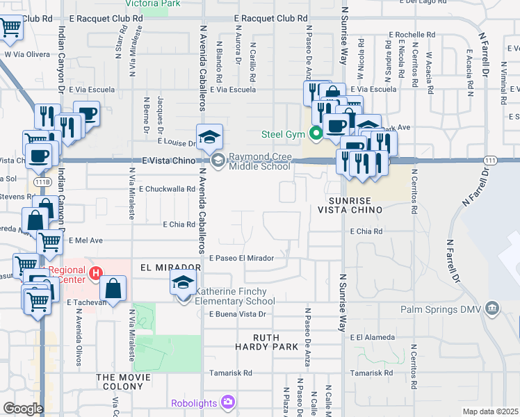map of restaurants, bars, coffee shops, grocery stores, and more near 1172 East Deepak Road in Palm Springs