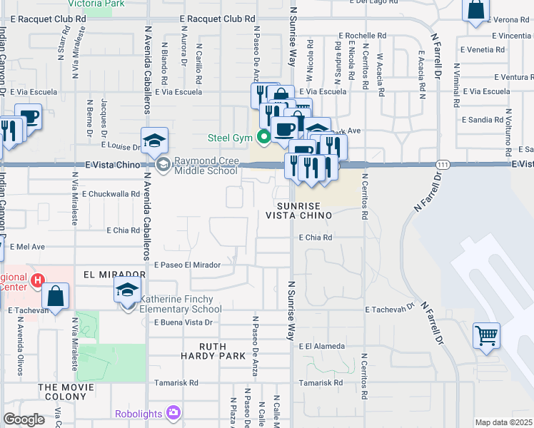 map of restaurants, bars, coffee shops, grocery stores, and more near 1515 North Sunrise Way in Palm Springs